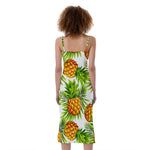 White Tropical Pineapple Pattern Print Slim Fit Midi Cami Dress