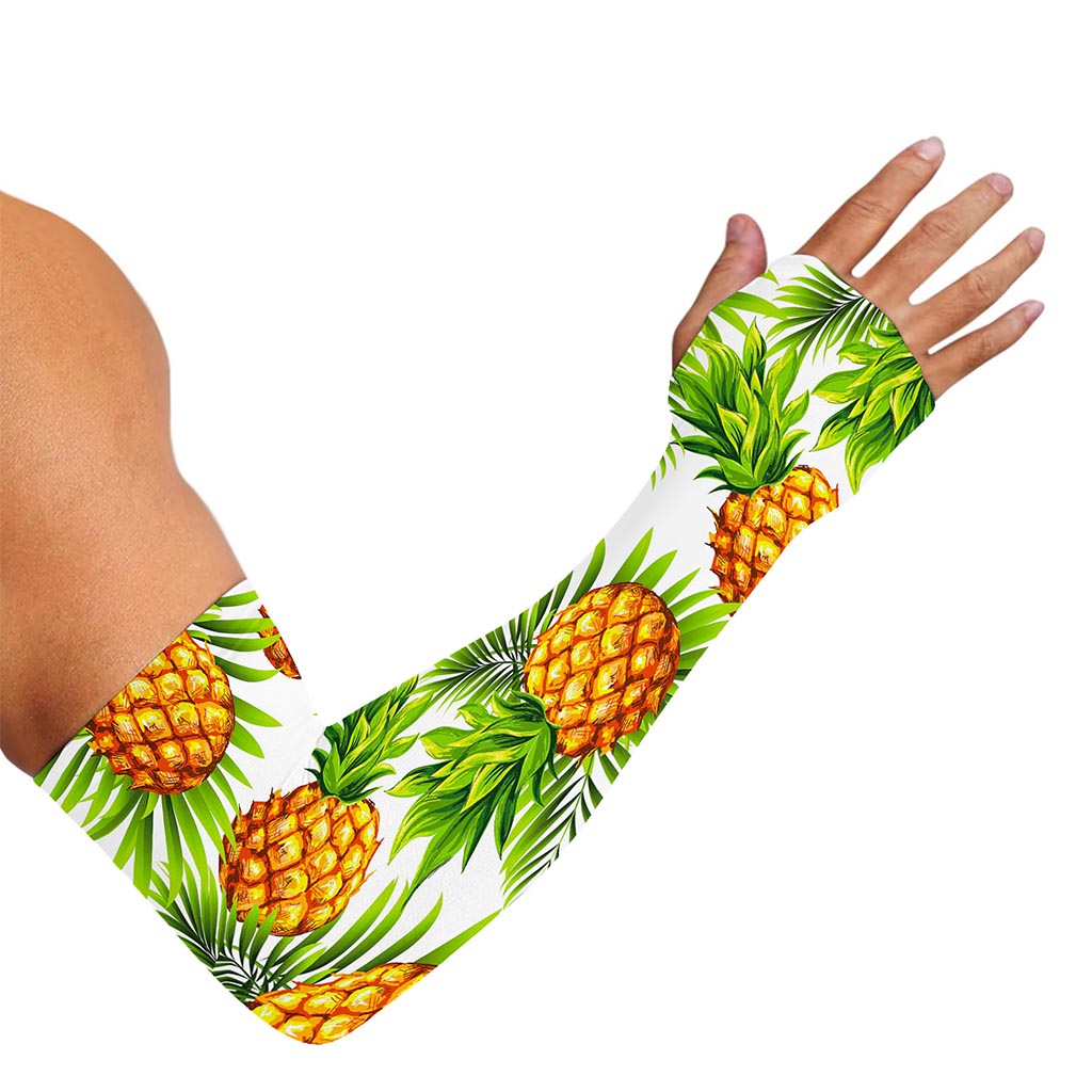 White Tropical Pineapple Pattern Print Sun Protection Arm Sleeves
