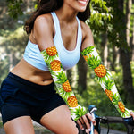 White Tropical Pineapple Pattern Print Sun Protection Arm Sleeves