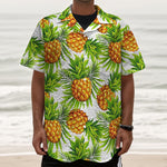 White Tropical Pineapple Pattern Print Textured Short Sleeve Shirt