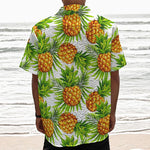 White Tropical Pineapple Pattern Print Textured Short Sleeve Shirt