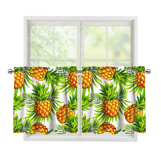 White Tropical Pineapple Pattern Print Tier Curtains
