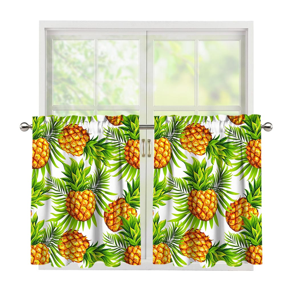 White Tropical Pineapple Pattern Print Tier Curtains