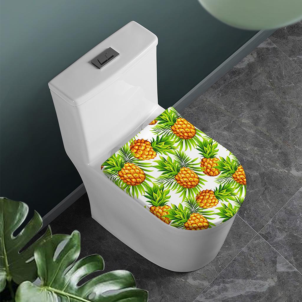 White Tropical Pineapple Pattern Print Toilet Lid Cover