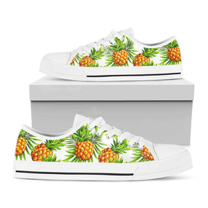 White Tropical Pineapple Pattern Print White Low Top Sneakers