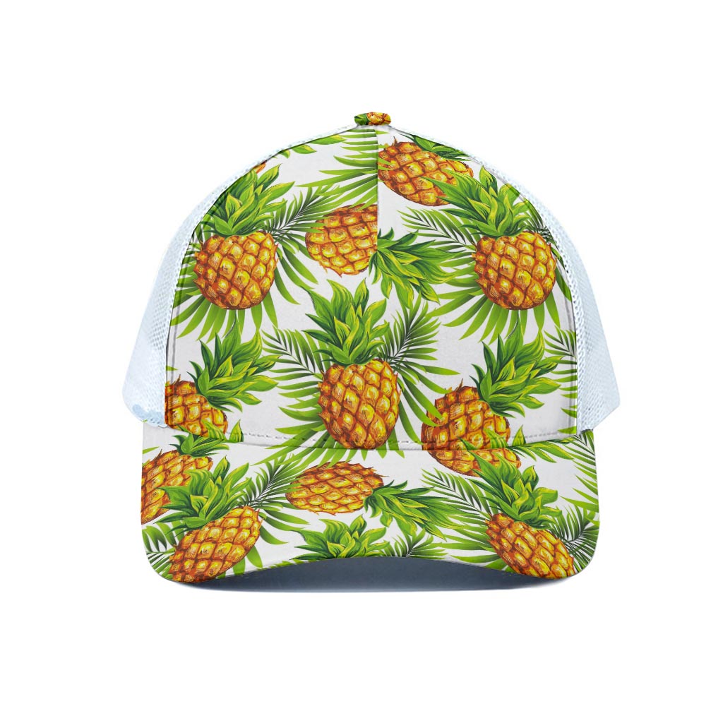 White Tropical Pineapple Pattern Print White Mesh Trucker Cap