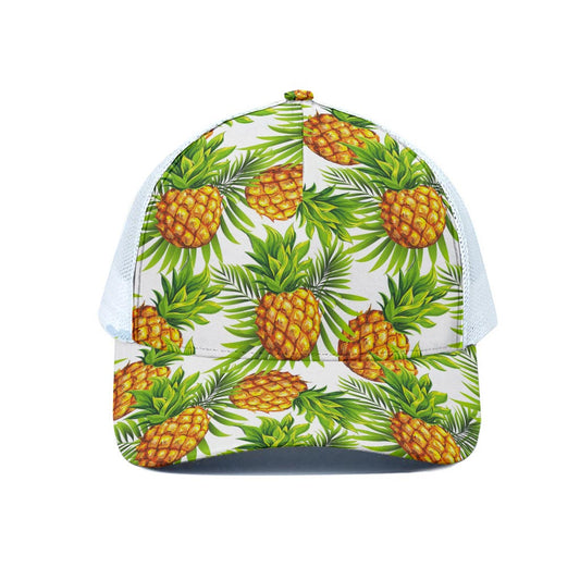 White Tropical Pineapple Pattern Print White Mesh Trucker Cap