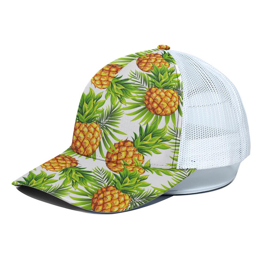 White Tropical Pineapple Pattern Print White Mesh Trucker Cap