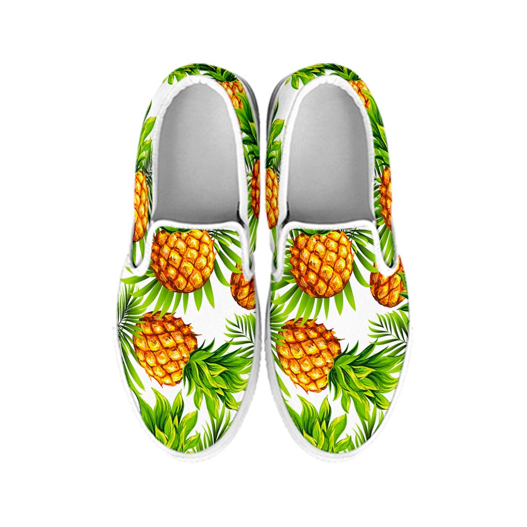 White Tropical Pineapple Pattern Print White Slip On Sneakers