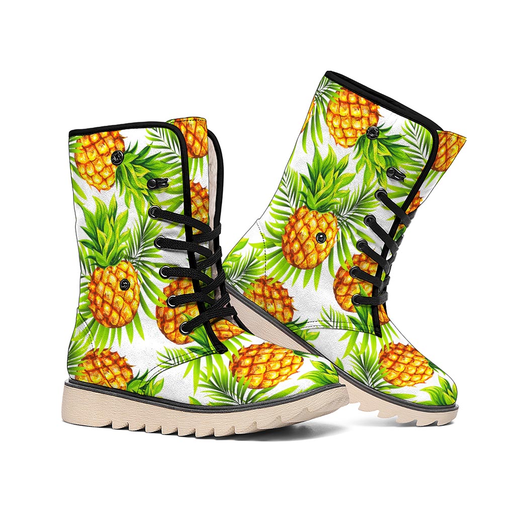 White Tropical Pineapple Pattern Print Winter Boots