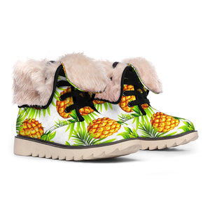 White Tropical Pineapple Pattern Print Winter Boots