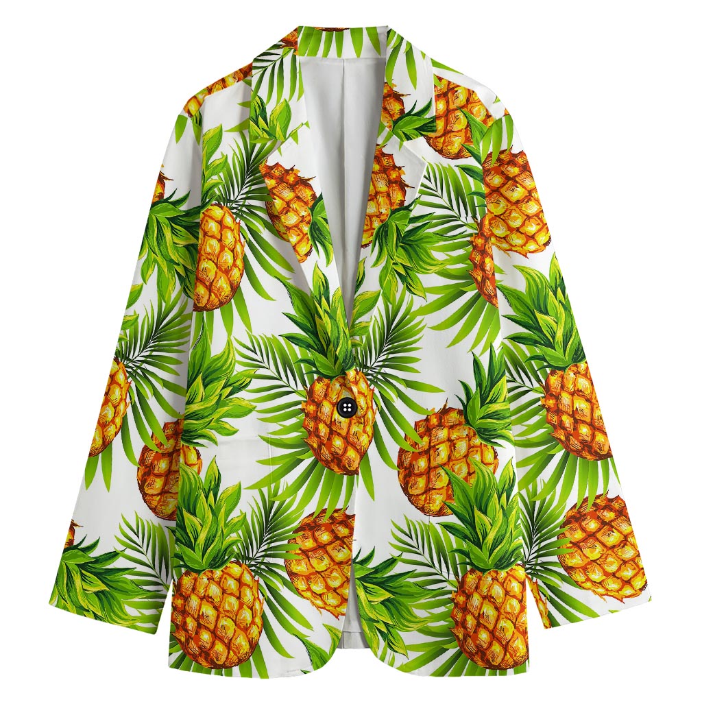 White Tropical Pineapple Pattern Print Women's Blazer