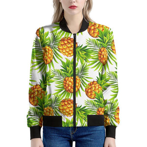 White Tropical Pineapple Pattern Print Women's Bomber Jacket