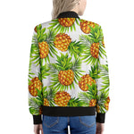 White Tropical Pineapple Pattern Print Women's Bomber Jacket