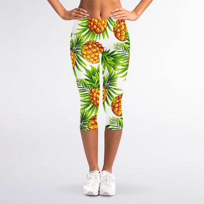 White Tropical Pineapple Pattern Print Women's Capri Leggings