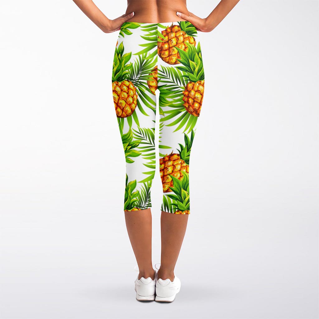 White Tropical Pineapple Pattern Print Women's Capri Leggings