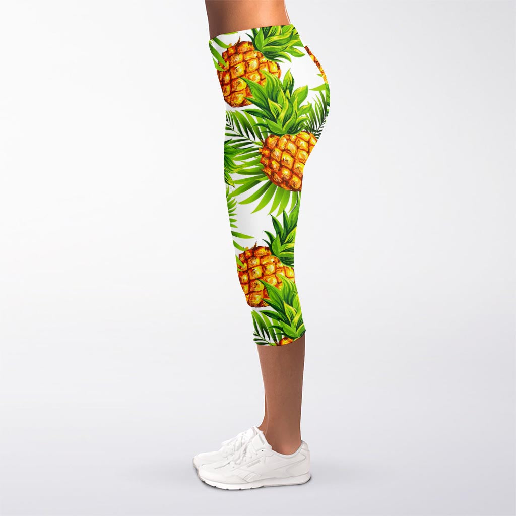 White Tropical Pineapple Pattern Print Women's Capri Leggings