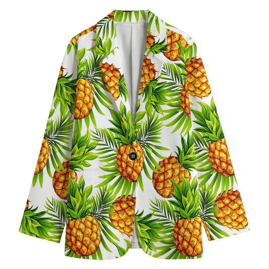 White Tropical Pineapple Pattern Print Women's Cotton Blazer