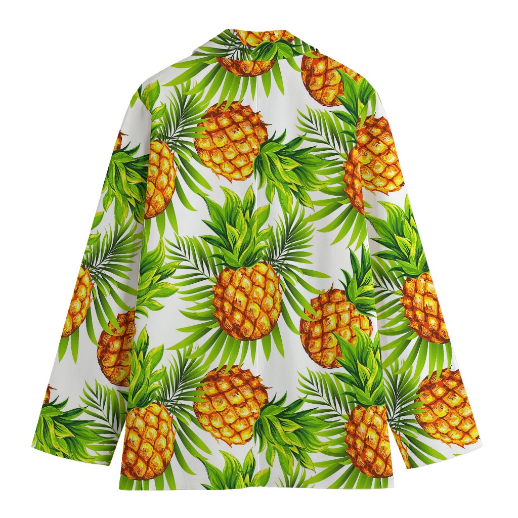 White Tropical Pineapple Pattern Print Women's Cotton Blazer