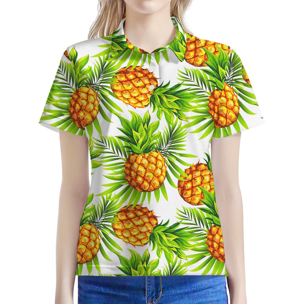 White Tropical Pineapple Pattern Print Women's Polo Shirt