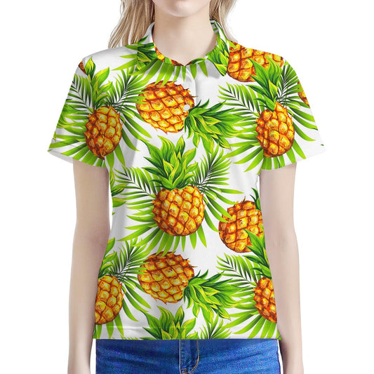White Tropical Pineapple Pattern Print Women's Polo Shirt