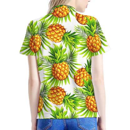 White Tropical Pineapple Pattern Print Women's Polo Shirt