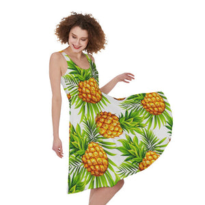 White Tropical Pineapple Pattern Print Women's Sleeveless Dress