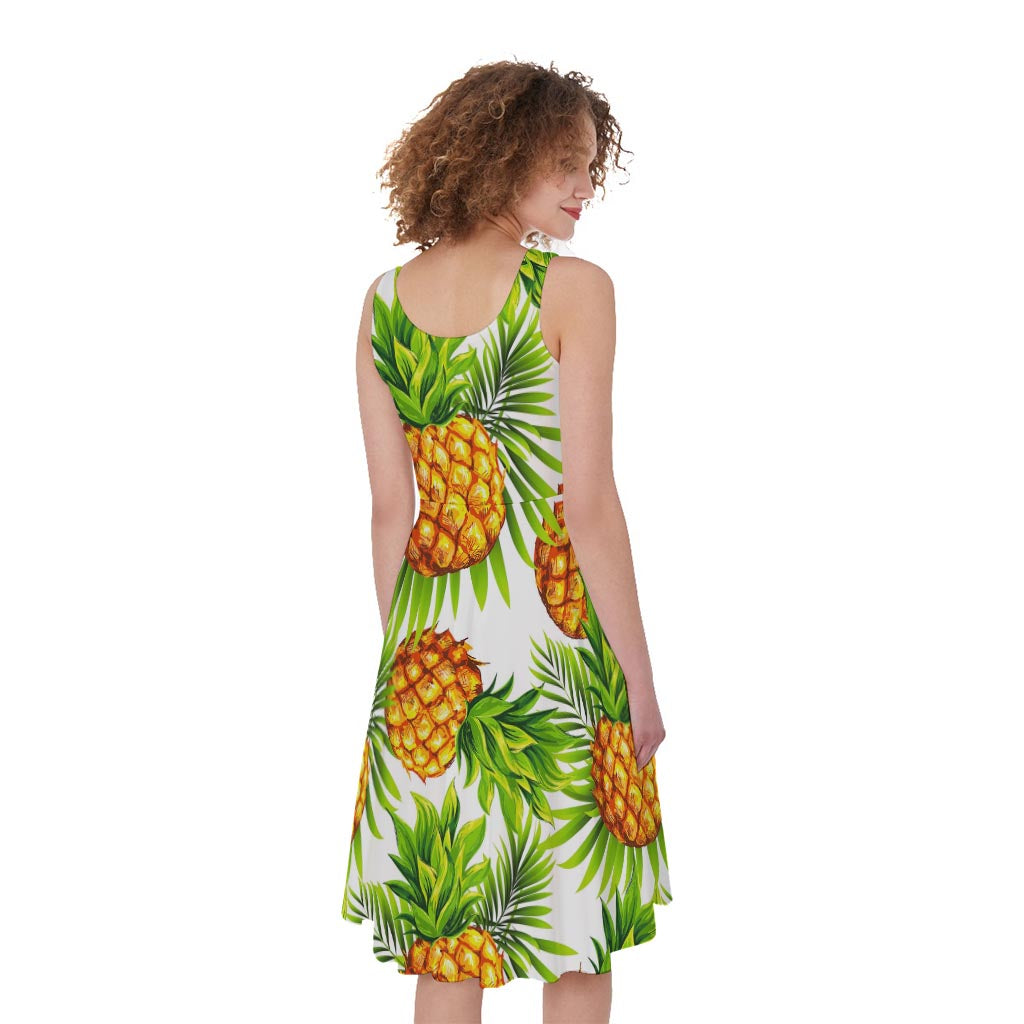 White Tropical Pineapple Pattern Print Women's Sleeveless Dress