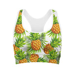 White Tropical Pineapple Pattern Print Women's Sports Bra