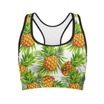 White Tropical Pineapple Pattern Print Women's Sports Bra