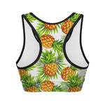 White Tropical Pineapple Pattern Print Women's Sports Bra