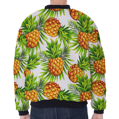 White Tropical Pineapple Pattern Print Zip Sleeve Bomber Jacket