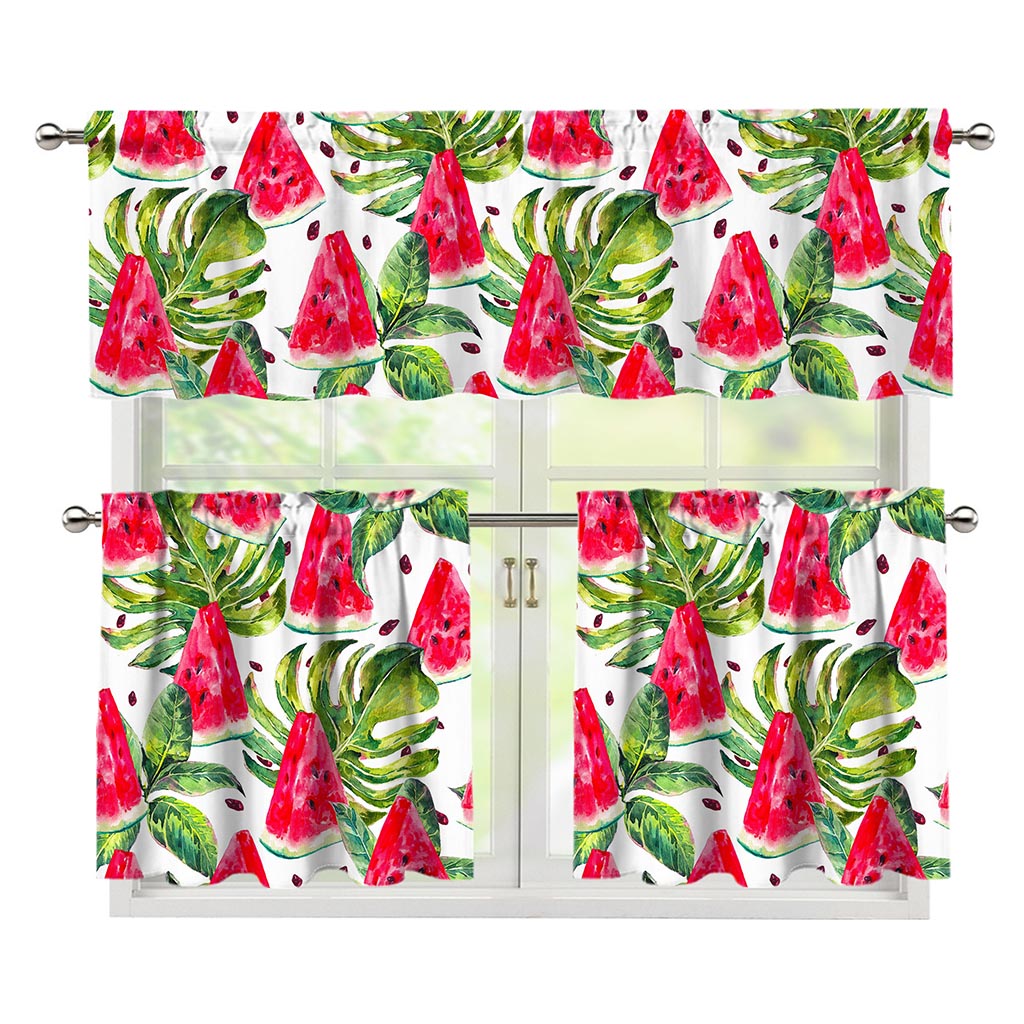 White Tropical Watermelon Pattern Print 3 Piece Kitchen Curtains