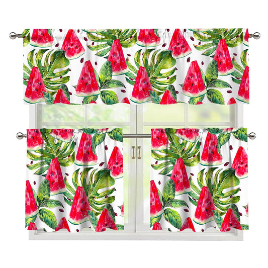 White Tropical Watermelon Pattern Print 3 Piece Kitchen Curtains
