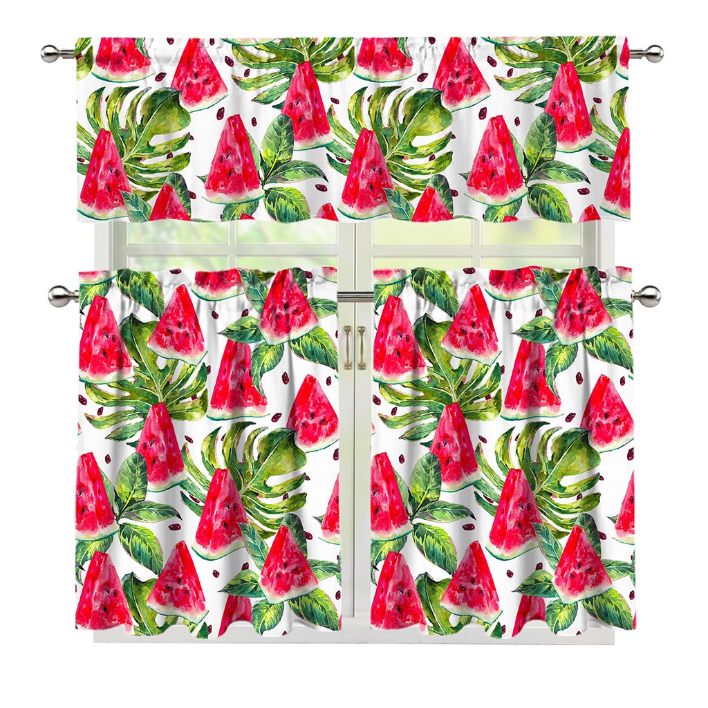 White Tropical Watermelon Pattern Print 3 Piece Kitchen Curtains