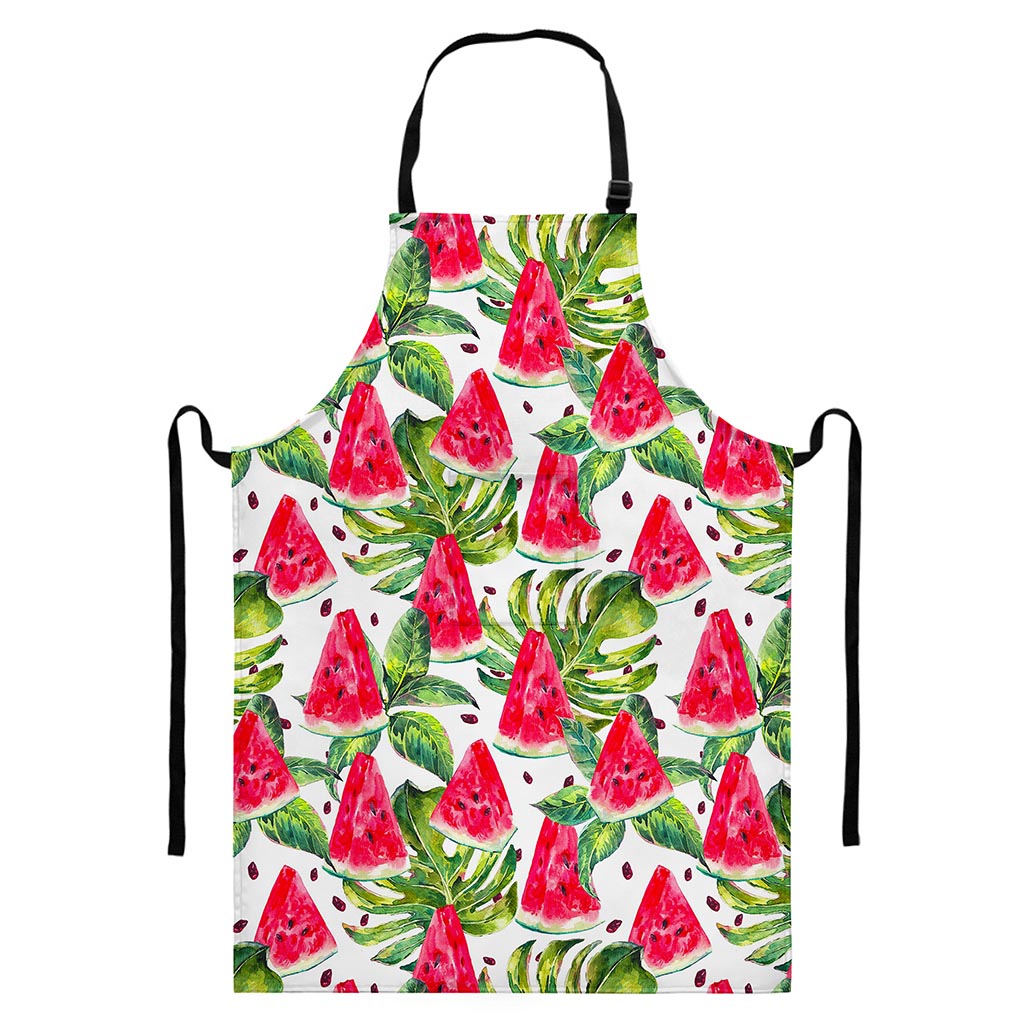 White Tropical Watermelon Pattern Print Bib Apron With Pocket