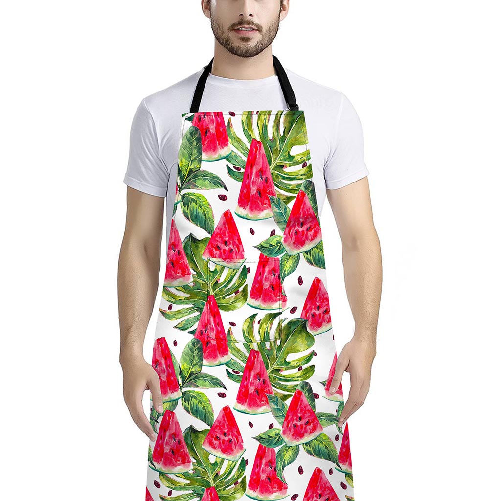 White Tropical Watermelon Pattern Print Bib Apron With Pocket