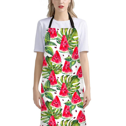 White Tropical Watermelon Pattern Print Bib Apron With Pocket