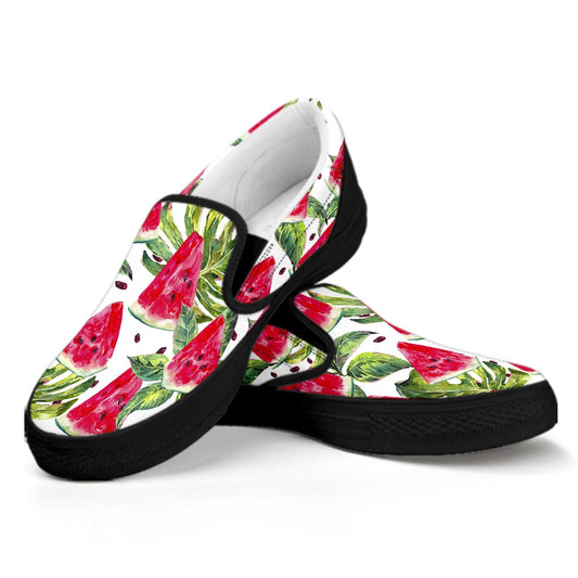 White Tropical Watermelon Pattern Print Black Slip On Sneakers