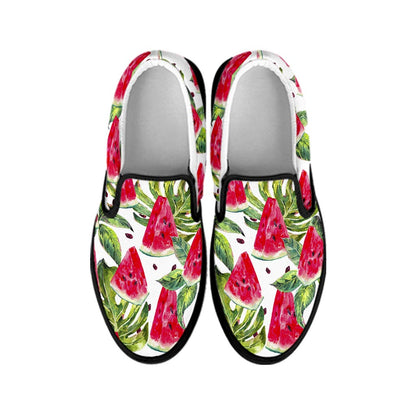 White Tropical Watermelon Pattern Print Black Slip On Sneakers