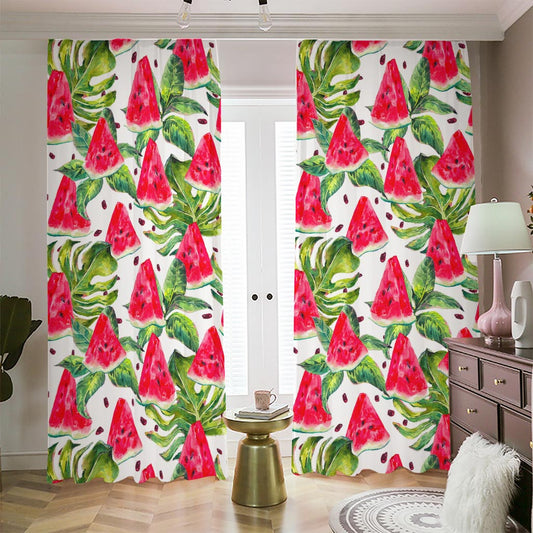 White Tropical Watermelon Pattern Print Blackout Pencil Pleat Curtains
