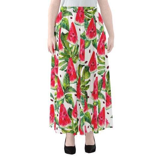 White Tropical Watermelon Pattern Print Chiffon Maxi Skirt