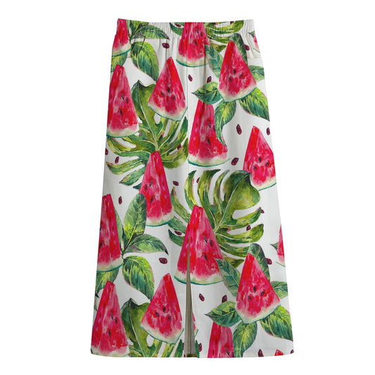 White Tropical Watermelon Pattern Print Cotton Front Slit Maxi Skirt