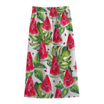 White Tropical Watermelon Pattern Print Cotton Front Slit Maxi Skirt