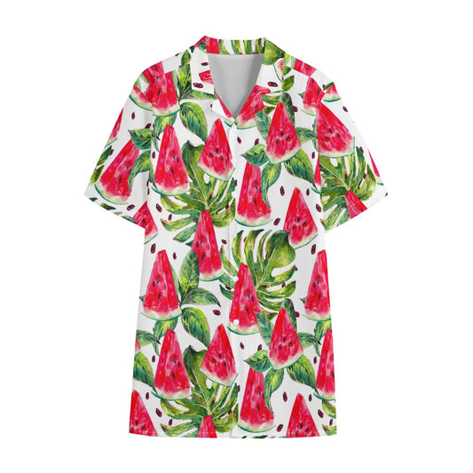 White Tropical Watermelon Pattern Print Cotton Hawaiian Shirt