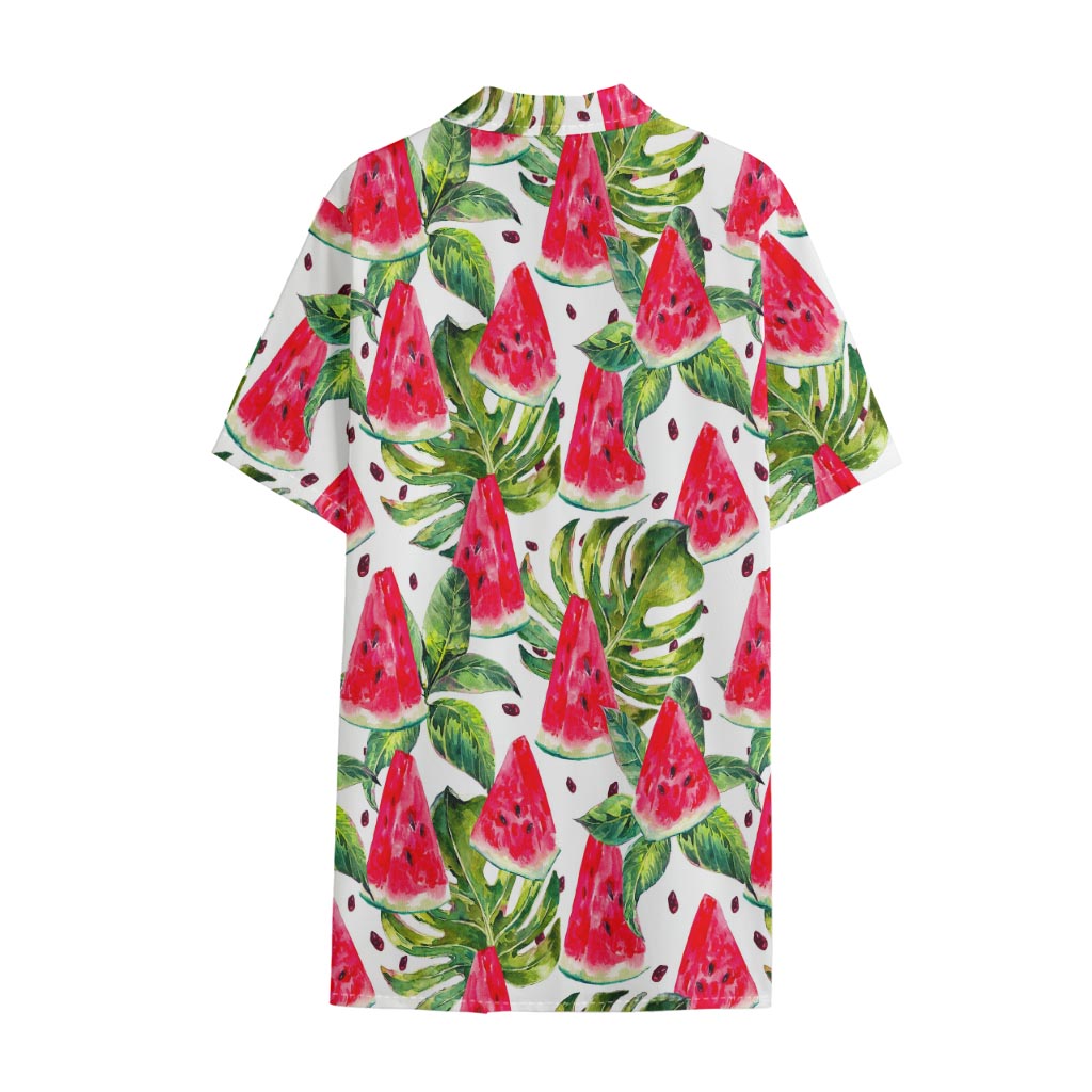 White Tropical Watermelon Pattern Print Cotton Hawaiian Shirt