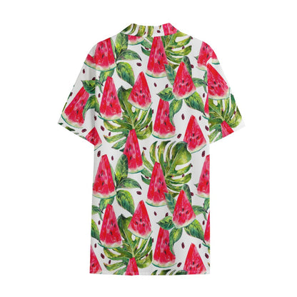 White Tropical Watermelon Pattern Print Cotton Hawaiian Shirt