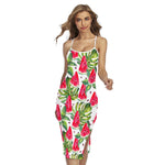 White Tropical Watermelon Pattern Print Cross Back Cami Dress