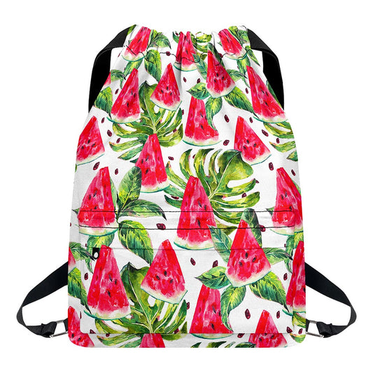 White Tropical Watermelon Pattern Print Drawstring Backpack