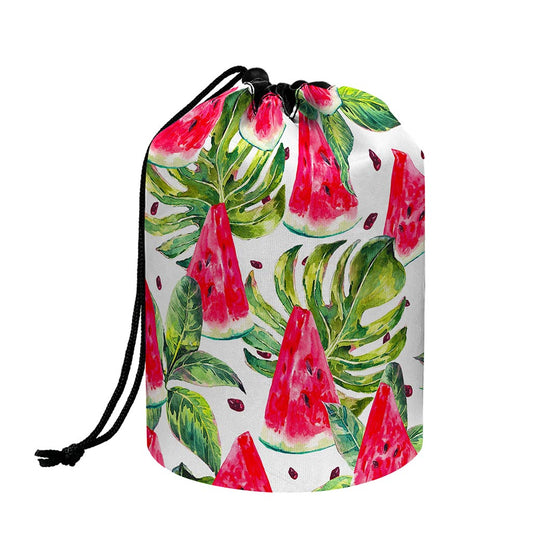 White Tropical Watermelon Pattern Print Drawstring Makeup Bag